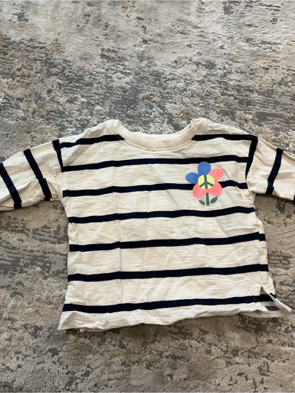 GAP Cream & Black Striped Tee with Colorful Flower Peace Graphic